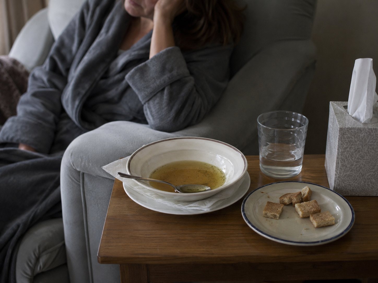 A bowl of clear broth, a plate of crackers and a glass of water on a side table beside someone resting in a dressing gown