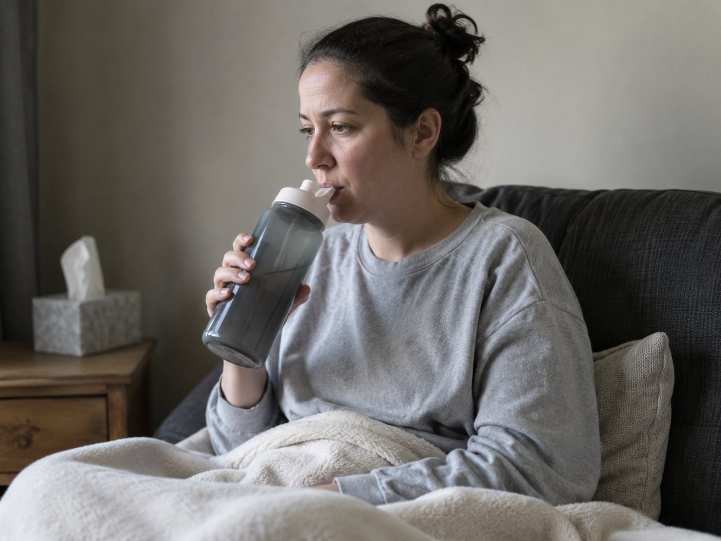 A woman sits up in bed under a heavy blanket, sipping from a bottle, a box of tissues on the nightstand