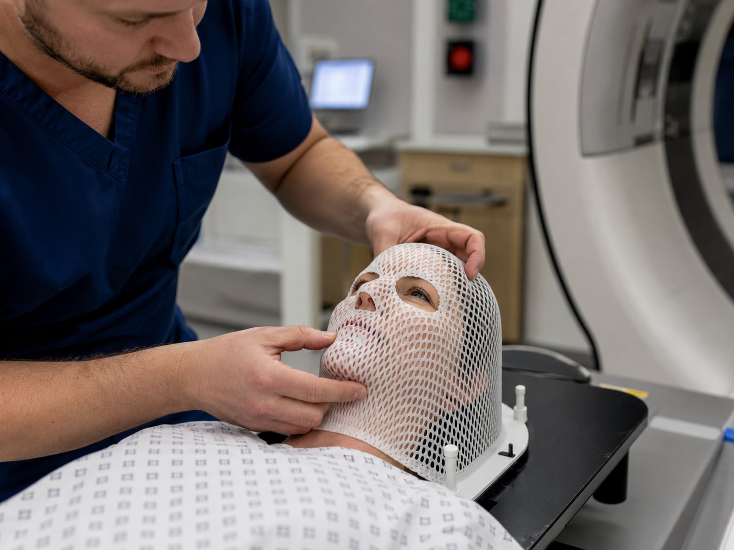 A clinician in scrubs positions a white mesh thermoplastic mask over the face of a patient lying on a treatment couch beside a radiotherapy machine.