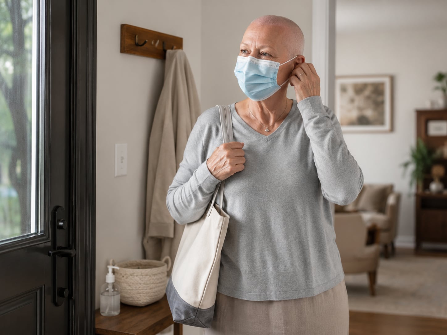 A woman puts on a face mask while standing by a window at home
