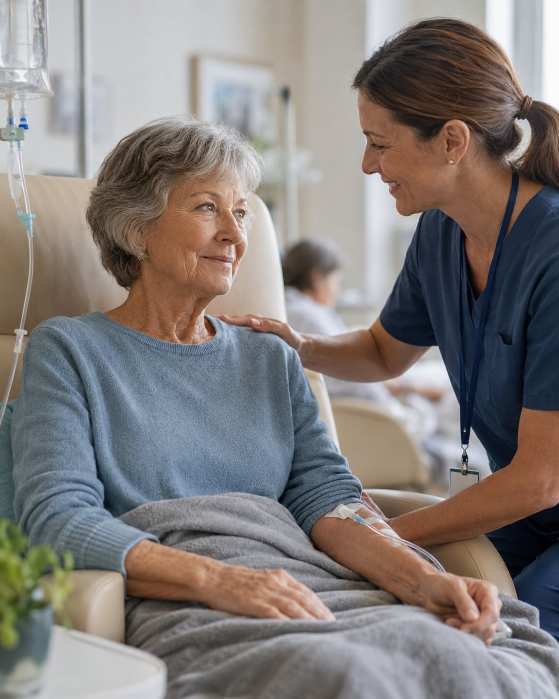 A nurse rests a hand on an older woman's shoulder in a clinic