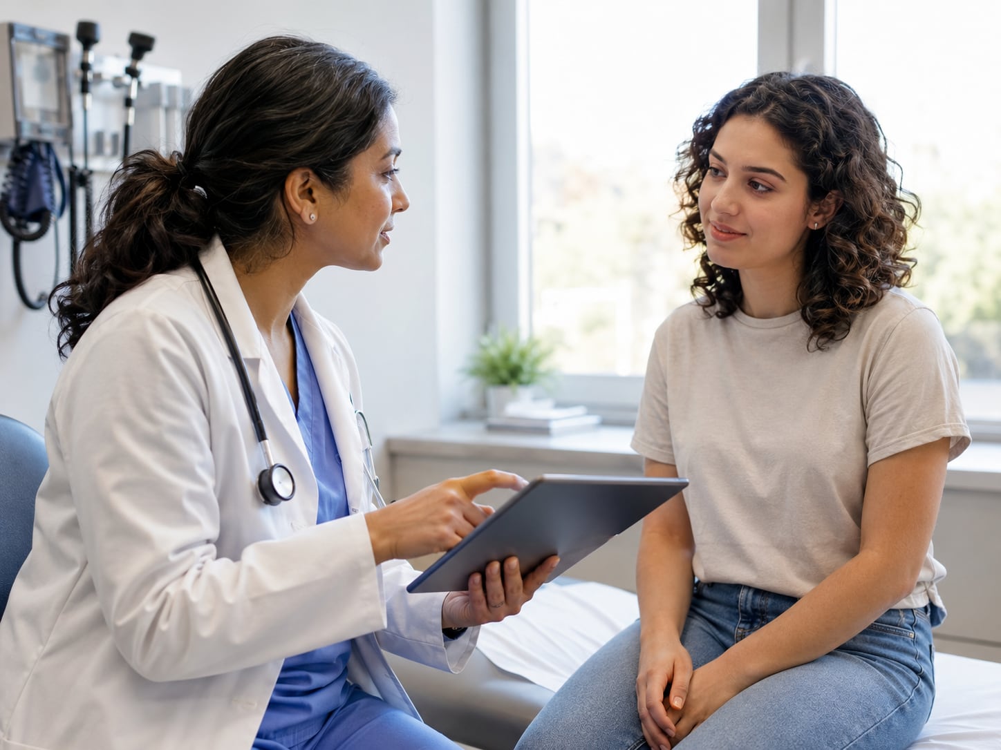A female doctor holding a tablet talks with a young woman in a clinic