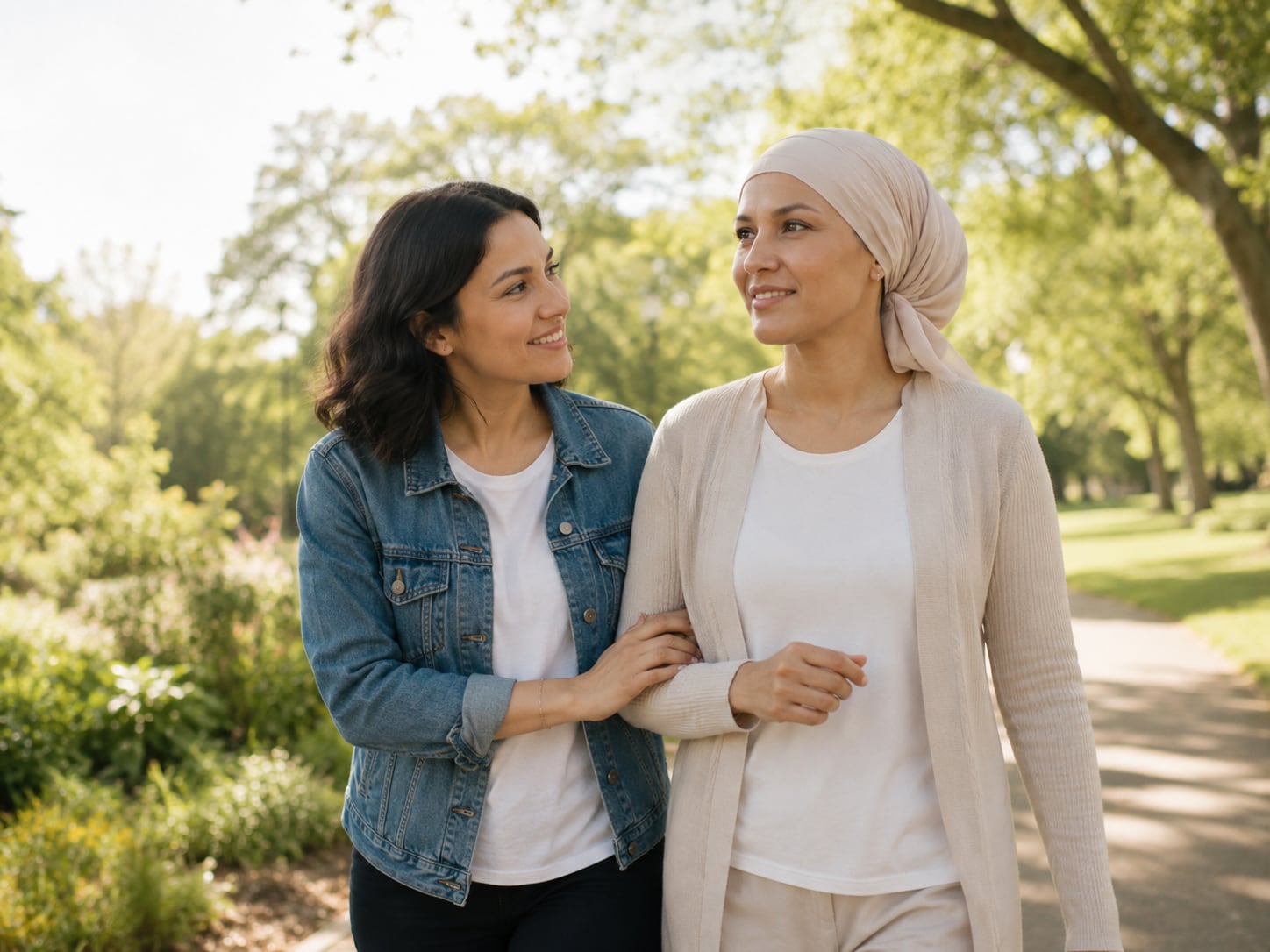 Two women, one wearing a headscarf, walk arm in arm outdoors