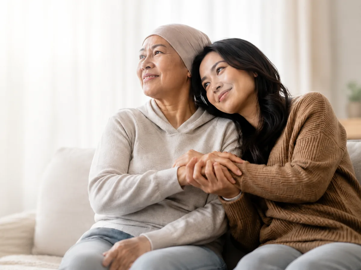 Two women sitting close together on a sofa, holding hands and smiling